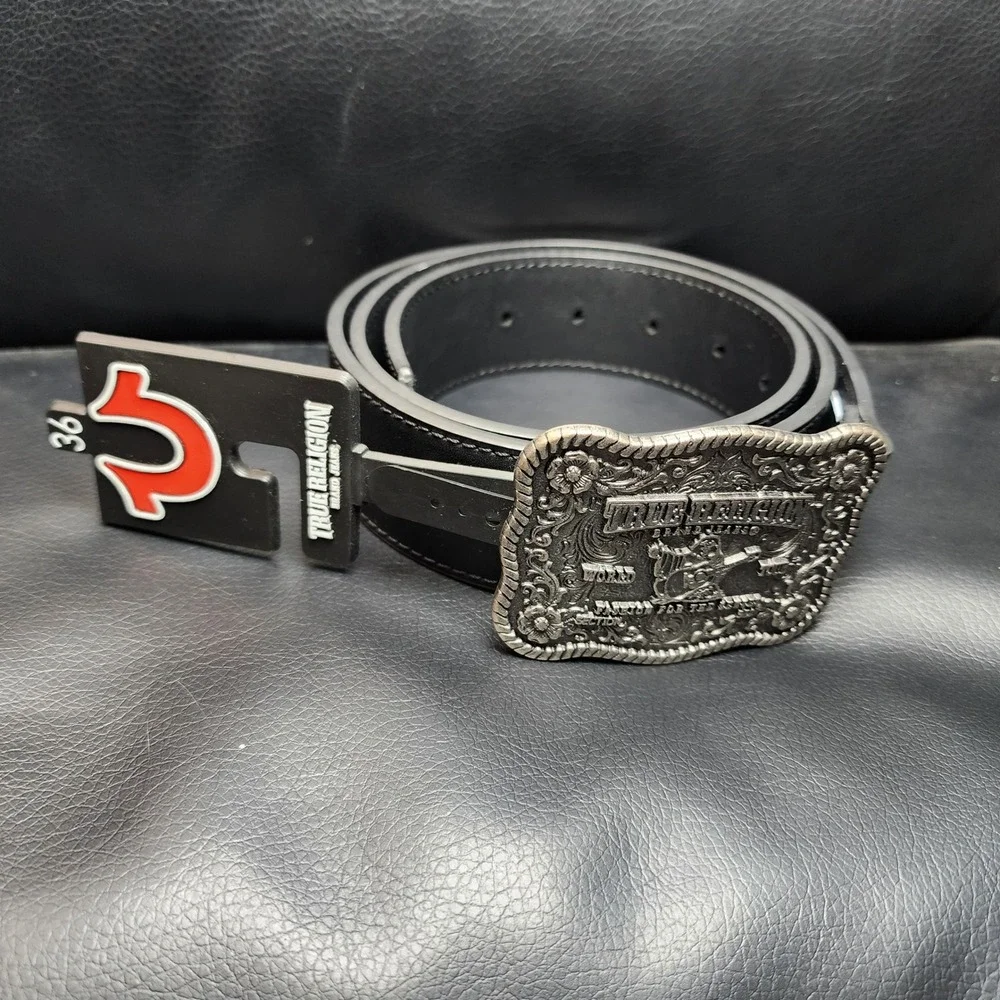 NWT True Religion Delano Plaque Buckle Black Bonded Leather Belt Size 36 Western